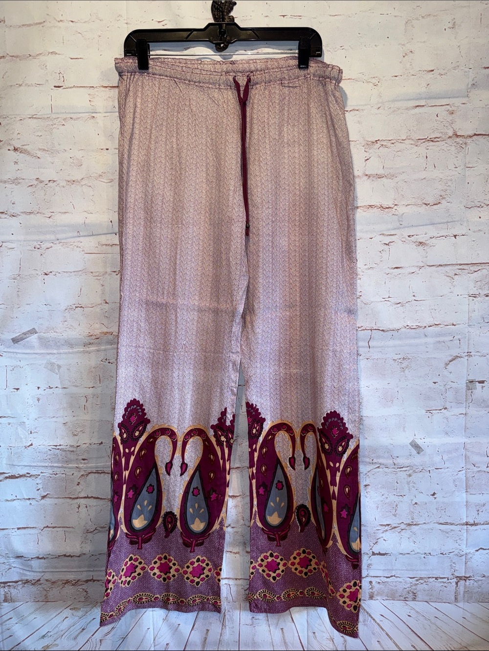 PJ Salvage Boho Pink Wide-Leg dot Printed Lounge Pants Burgundy Trim medium